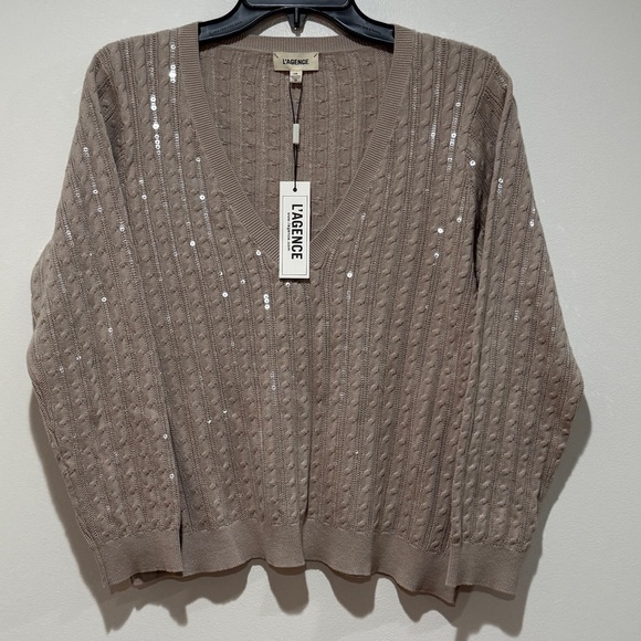 New L'AGENCE Trinity Sequin Cable-Knit Sweater Large L Pale Neutral Fall Staple - Picture 2 of 11